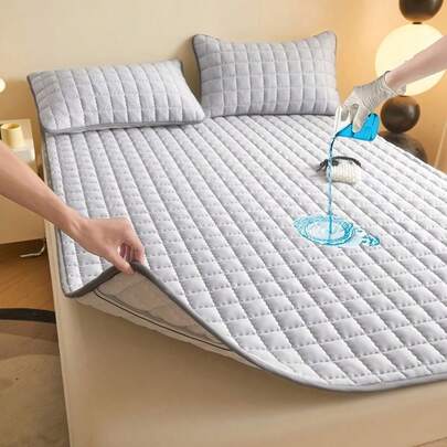 1pc Quilted Waterproof Mattress Pad (Pillow Case & Pillow Insert Not Included), Thin Mattress Topper, Suitable For Single Or Double Bed, Soft & Comfortable Solid Color Bedding Mattress Cover, Light Gray, For Home Bedroom, Hotel, Nursing Home, Waterproof & Leak-Proof
