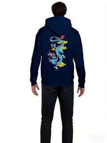 Men's Red Dragon Pattern Hoodie - Casual Polyester Pullover - Grey - View 4