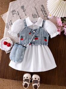 Baby Girl 3-Piece Set: Cherry Embroidered Denim Cropped Vest Jacket, Sleeveless Top, And Collared Lantern Sleeve Belted Shirt Dress With Denim Crossbody Bag