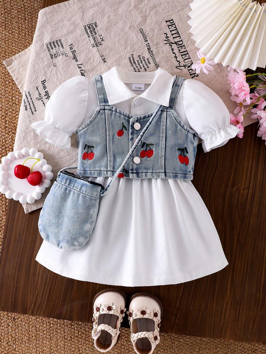 Baby Girl 3-Piece Set: Cherry Embroidered Denim Cropped Vest Jacket, Sleeveless Top, And Collared Lantern Sleeve Belted Shirt Dress With Denim Crossbody Bag