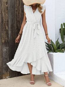 Women Summer Maxi Dress Swiss Dot V Neck Ruffle Cap Sleeve Tie Waist Wrap Ruffle Split Hem Long Dress Bohemia Boho Beach Holiday Vacation Valentine Flowy Long Midi Dress Outfits - 白色 - 查看 6