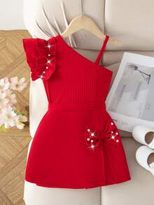 Bộ áo và quần bất đối xứng đính nơ và hạt cườm cho bé gái nhân dịp Lễ Tình nhân. - Đỏ - Xem 2