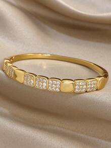1pc Geometric Square Zirconia Bangle Bracelet For Women Elegant Golden Bangle Bracelet For Daily And Party Birthday Christmas Jewelry Gifts - Multicolor - View 5