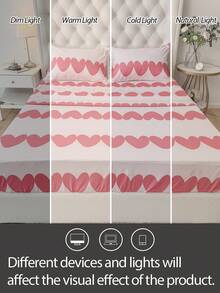 4件套心形蝴蝶结印花床上用品套装 - 轻盈透气粉色条纹床单套装（2个枕套+1个床单+1个床裙），浪漫爱情主题柔软床上用品，奢华酒店品质夏季床上用品，适用于单人床/双人床/大号床/特大号床，优雅的房间装饰，理想的礼物，居家和宿舍必备 - 彩色 - 查看 6