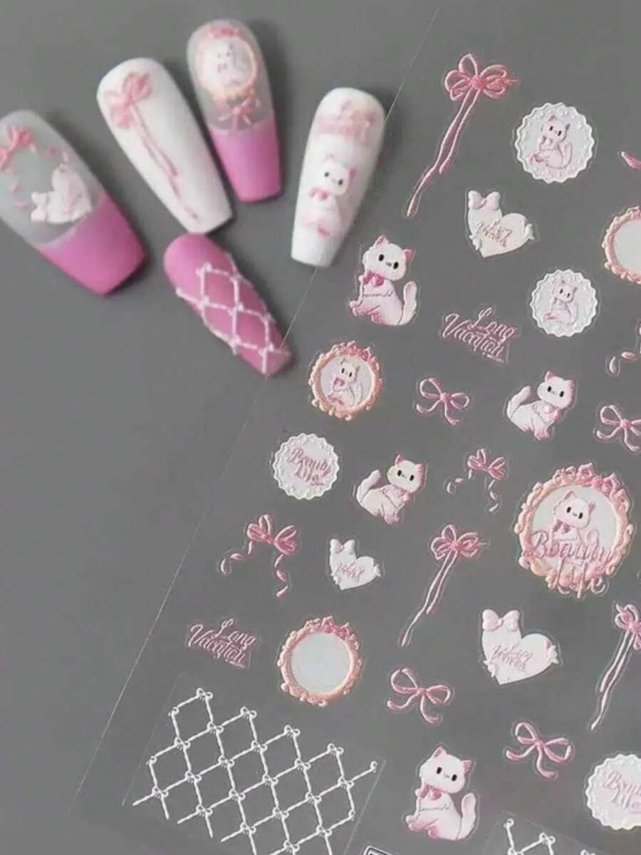 1 pieza 2026 Nuevo lindo lazo gato estilo francés crema lindo estilo corazón en relieve pegatina de arte de uñas decoración de uñas suministros de uñas - Multicolor - Ver 1
