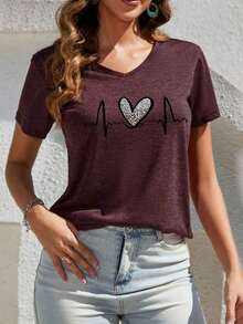 Nt Heart Pattern Crew Neck Short-Sleeve T-Shirt, Summer Style - 白色 - 查看 5