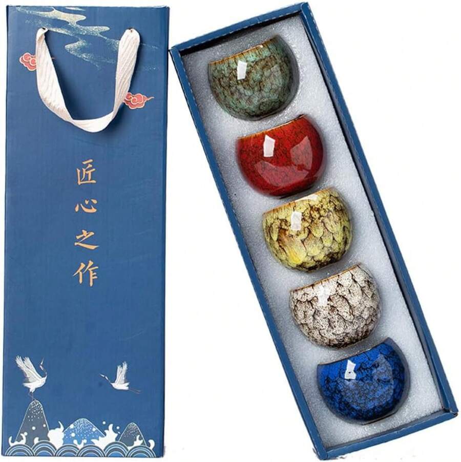 Juego de 5 tazas de té de cerámica con caja de regalo diseñada, 5 colores elegantes
