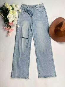 可爱优雅女士破洞直筒牛仔裤，浅色水洗牛仔布，带口袋和拉链，长款，略有弹性 - 藍色 - 查看 7