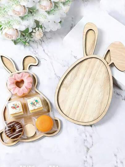 1pc Wooden Tray With Rabbit And Egg Pattern, Ideal For Holding Easter Decorations, Salad, Cake, Cookies And Dried Fruits, Perfect For Easter, Themed Parties And Birthday Parties