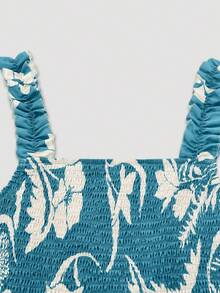Women's Long Allover Print Spaghetti Strap Maxi Dress, All-Over Bohemian Casual Ruffled Tie Waist Dress - Teal Blue - View 7