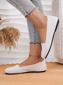 女士白色蕾丝针织套脚鞋，圆头休闲乐福鞋，软底通勤鞋，适合春季穿着 - 白色 - 查看 3