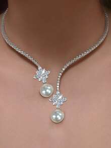 1 件全水晶项链，配锆石叶珍珠颈链，时尚奢华铜色和银色项链，适合女性日常佩戴、周年纪念、婚礼、派对、庆典新娘珠宝项链 - 銀色 - 查看 1