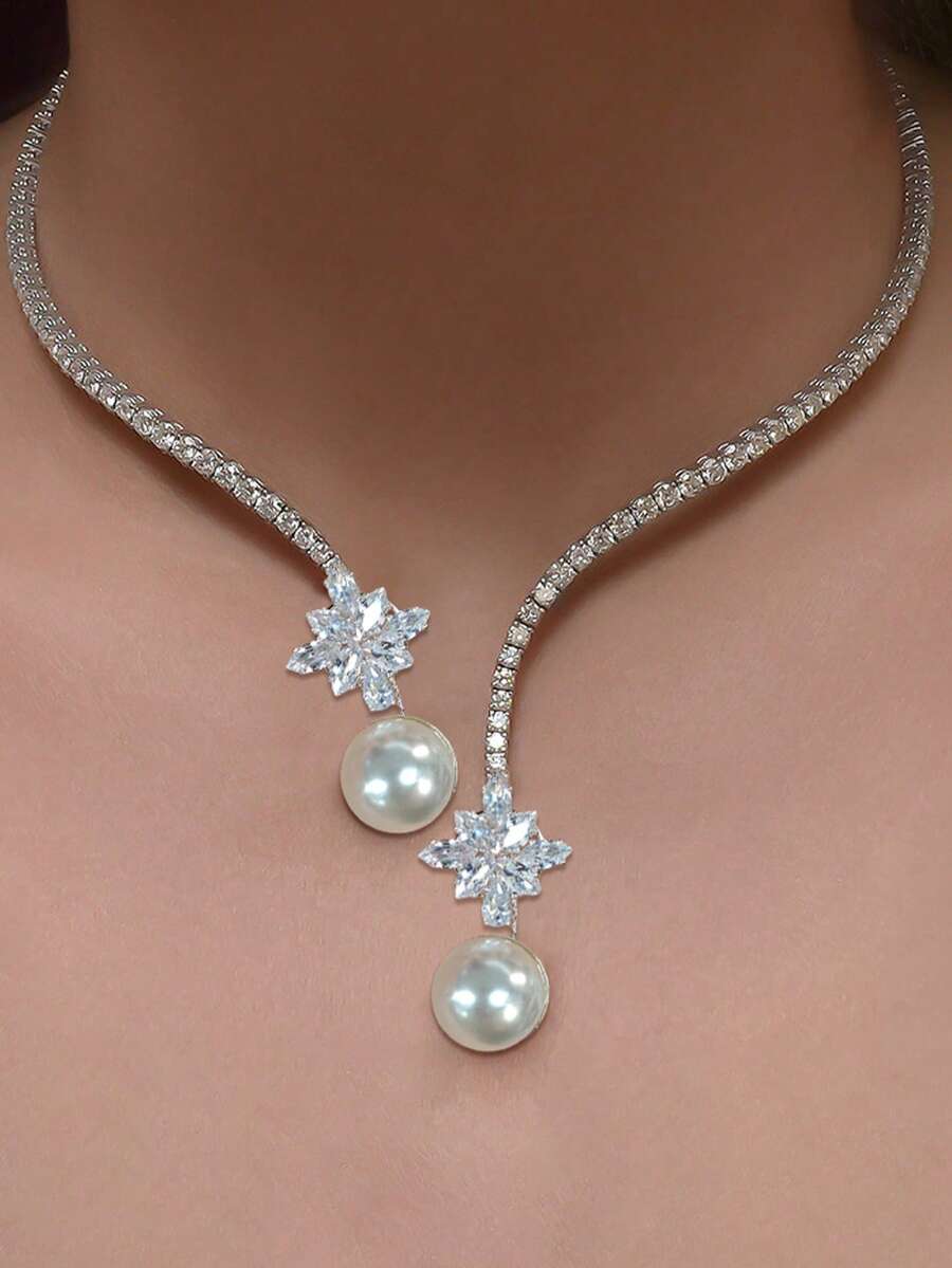 1 件全水晶项链，配锆石叶珍珠颈链，时尚奢华铜色和银色项链，适合女性日常佩戴、周年纪念、婚礼、派对、庆典新娘珠宝项链 - 銀色 - 查看 1