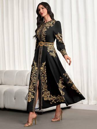 女士优雅复古印花衬衫裙 – 长袖，适合春秋季节、毕业典礼、日常穿着和下午茶聚会。