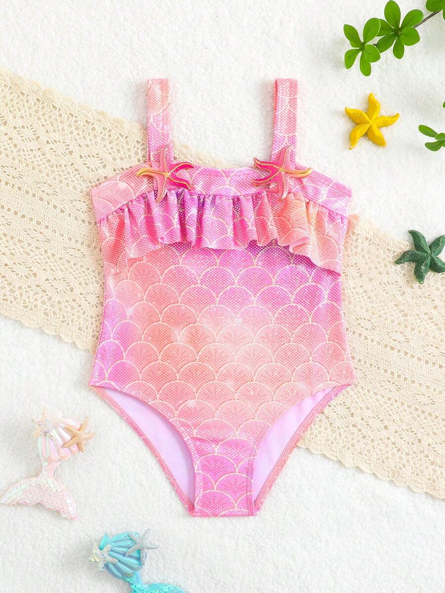 Young Girl Ruffled Fish Scale Print Shiny One-Piece Swimsuit - Multicolor - View 1