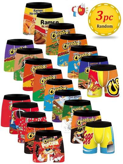 3Pcs Calzoncillos de Hombre Diseñados con Patrón de Caricatura de Snack Aleatorio Cómodos, Transparentes, Refrescantes y Secos