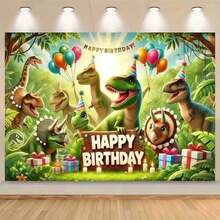 1pc Dinosaur Theme Birthday Backdrop Banner, Dinosaur Jungle Animal Birthday Party Background, Party Photography Backdrop, Party Banner Decor, Indoor/Outdoor Decor, Home, Garden, Yard Decor, Universal Theme, Each Image With White Border - Multicolor - View 2