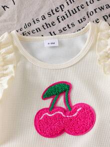 2pcs Baby Girl Summer Fashionable Cherry Embroidery Sleeveless Top And Ruffle Elastic Waist Shorts Set - Hot Pink - View 5
