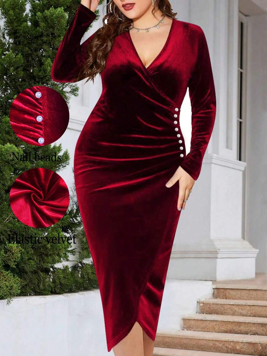 Plus Size Women Long Sleeve Fitted Sexy Ruched Wrap Deep V-Neck Dress, Suitable For Daily Wear And Formal Occasions - Burgundy - View 1
