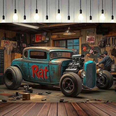 2D平面，1件装复古改装车库横幅 - 复古汽车和工具设计，无需电源，非常适合家居装饰、活动和派对，派对背景 | 经典汽车主题