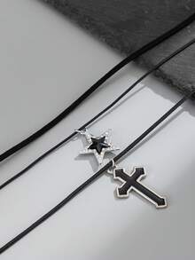 3件套哥特式几何蜡线十字架及水钻五角星吊坠项链，朋克嘻哈风，适合度假、派对、休闲、街头、婚礼、摇滚、情侣、节日、生日等场合，百搭礼物 - 項鍊 - 查看 8