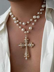 1pc European & American Style Creative Faux Pearl & Thorn Splice Beaded Chain Necklace, Suitable For Women, Gift, Silver Color, Non-Fading - Multicolor - View 6