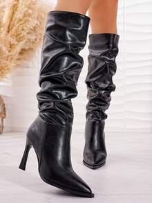 2026 Autumn/Winter: Ideal Choice To Pair With Skinny Pants; Women's Fashion Pointed Toe Ruffle High Heel Boots; Kitten Heel Style - Black - View 6