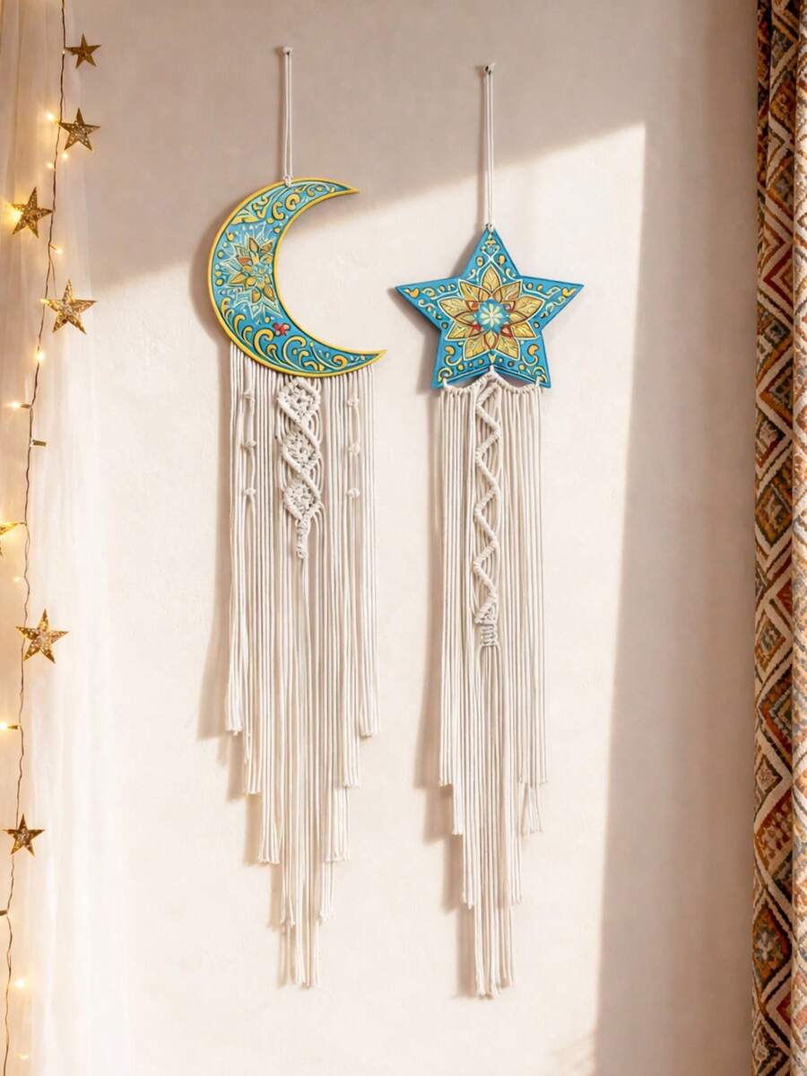 1/2 chiếc Trang trí treo tường hình ngôi sao và mặt trăng phong cách Boho, tranh treo tường hình bẫy giấc mơ, trang trí phòng khách, phòng ngủ, đồ trang trí tường hình mặt trăng và sao phong cách Bohemian, trang trí nhà kiểu nông trại, tranh treo tường tua rua trong nhà, đồ trang trí tường tua rua sang trọng, điểm nhấn ấm cúng cho ngôi nhà.