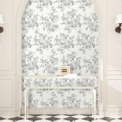 1 Roll Vintage Hand-Painted Black & White Floral Self-Adhesive Wallpaper, Removable, Waterproof, Easy To Install, Suitable For Home Decor, Bedroom, Living Room, Kitchen, Size: 17.32*118.11/196.85/393.7 Inches