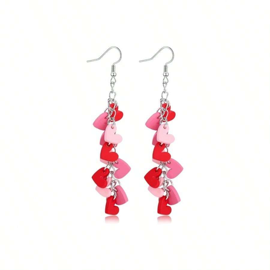 Valentine's Day Earrings Women - Pink And Red Heart Long Dangle Clay Jewelry, Valentines Day Outfit Accessories Gifts - 粉紅色 - 查看 1