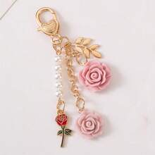 1pc Women'S Charm Beaded Rose Flower Keychain, Japanese Style, Resin Camellia, Alloy Round Buckle, Car Keychain, Bag Decoration, Valentine'S Day, Mother'S Day, Birthday For Friends Valentines Car Accessories Bag Charm School Cute Goth Y2k Christmas Gift Ideas - 粉色 - 查看 10