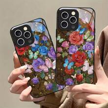 Funda de Teléfono de Vidrio Templado con Marco Negro de Lujo de Arte de Rosa y Mariposa Colorida para iPhone 17 Air 16 15 Pro Max 14 Plus 13 12 11 ProMax, Cubierta Protectora de Moda para Parejas - 3V4075 - Colores mixtos - Ver 5