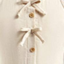 2 peças Conjunto: Top Camisole com Pregas Nas Costas e Decoração de Laço 3D, Combinado com Parte Inferior Correspondente. Decote Bordado Adiciona Toque Elegante. Tecido Leve, Design de Contraste de Cor Sólida para Visual Confortável e da Moda. Adequado para Escola, Atividades Diárias, Passeios Casuais, Mostrando Vitalidade e Elegância Jovens, Apropriado para Várias Ocasiões do Dia a Dia. - Damasco - Visão 8