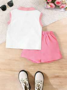 两件套水豚印花背心短裤套装，休闲时尚，深受少女喜爱的热门童装 - 粉色 - 查看 3