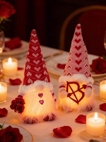 2pcs-Valentine's Day Lighted Gnome Decoration, Luminous Faceless Gnome With Heart & Cupid Arrow, Red And Pink Valentine Couple Gnomes Decorations For Home, Indoor, Office Romantic Anniversary Vday Gift Romantic Tabletop Decor, Valentine Gift For Couples, Home & Party Decoration
