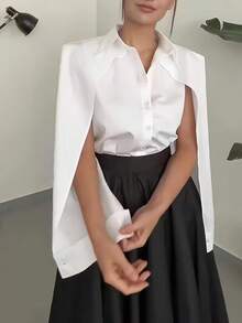 Women's Classic White Shirt Collar Cape-Style Blouse, Button Front, Long Sleeve Woven Fabric, Elegant Look - White - View 1
