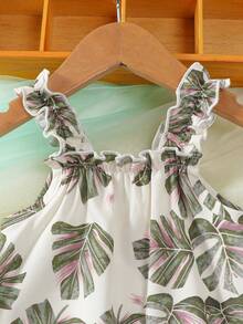 Baby GirlSleeveless Dress, Apricot Base With Green Leaf Print, Ruffle Hem, Loose And Comfortable Fit, Fresh Tropical Style, Suitable For Summer Casual Outings - Green - View 3