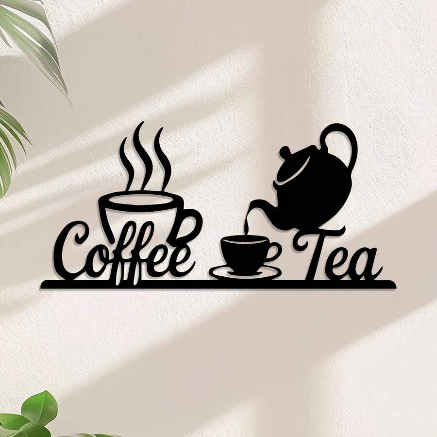 1pc Vintage Metal Coffee & Tea Wall Decor Plaque - Retro Iron Art With Cursive Font Coffee Beans, Teapot, Coffee Cup & French Press Icons - Suitable For Coffee Lovers' Kitchen, Cafe, Housewarming, Christmas, Farmhouse Decor, Valentine's Day Gift - Black - View 1