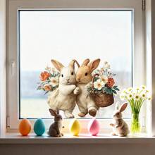 1张复古绅士兔手捧彩蛋窗贴，可移除PVC材质，适用于春季复活节卧室、客厅、阳台和商店橱窗装饰 - 彩色 - 查看 5