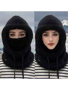 Upgraded Thickened Winter Plush Face Mask Hat - Elastic Drawstring Closure, Lightweight And Warm For Cycling, Skiing, Outdoor Sports, Available In 4 Colors For Mother's Day, Independence Day, Father's Day, Music Festival, Running Of The Bulls, Torch Festival, Edinburgh International Festival, Halloween, , Christmas, Valentine's Day, Christmas, New Year Gifts, Warmth, Cold Protection, Windproof, Thickened - 黑色 - 查看 2