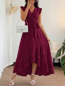 Women Summer Maxi Dress Swiss Dot V Neck Ruffle Cap Sleeve Tie Waist Wrap Ruffle Split Hem Long Dress Bohemia Boho Beach Holiday Vacation Valentine Flowy Long Midi Dress Outfits - 酒紅色 - 查看 1