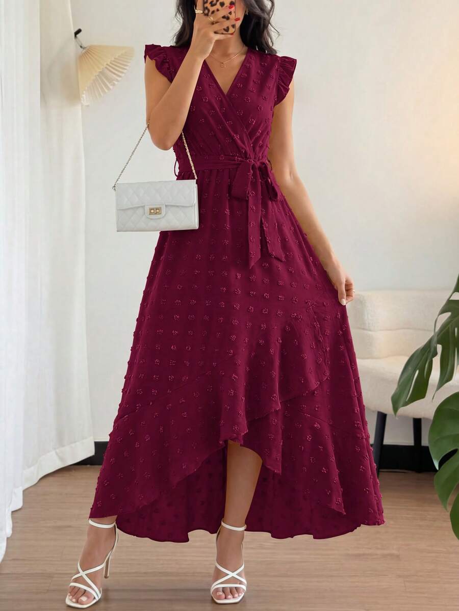 Women Summer Maxi Dress Swiss Dot V Neck Ruffle Cap Sleeve Tie Waist Wrap Ruffle Split Hem Long Dress Bohemia Boho Beach Holiday Vacation Valentine Flowy Long Midi Dress Outfits - 酒紅色 - 查看 1