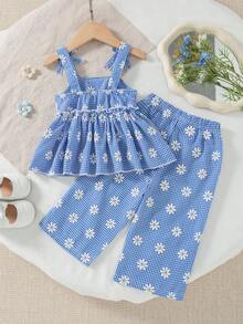 春夏女婴可爱格子蝴蝶结雏菊印花吊带背心搭配高腰宽松雏菊印花长裤，打造度假乡村风穿搭 - 藍色 - 查看 2