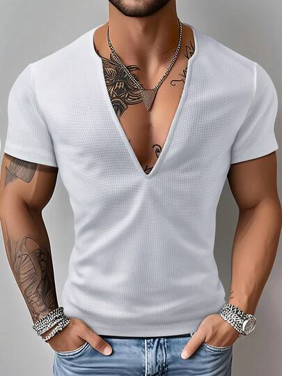 Men's Textured Waffle Knit Deep V-Neck Short Sleeve Fashionable Outdoor Casual Sexy Top