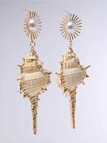 一对不对称天然贝壳吊坠耳环，时尚夸张的女士天然饰品，适合夏季海滩度假 - 彩色 - 查看 4