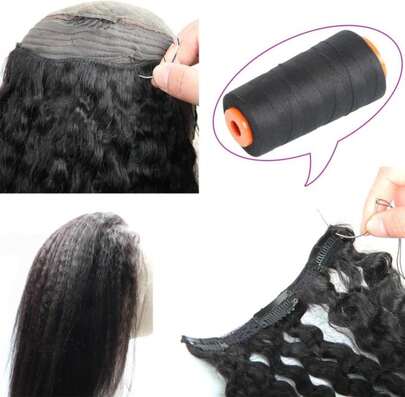 Polyester Sewing Thread With 3 Pcs Curved Needles Using For Hand Sewing, Hair Extensions, Wig Making, Modelling Crafts