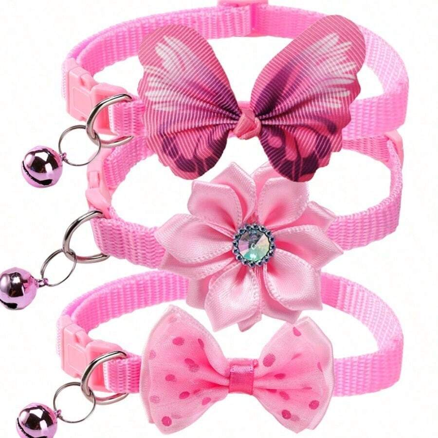[3pcs Pet Collars] 3pcs Adjustable Butterfly Bow Tie Pet Collars | Purple & Pink Checkered Pattern Polyester | Stylish Durable Pet Accessories For Small Dogs & Cats - Hồng - Xem 1