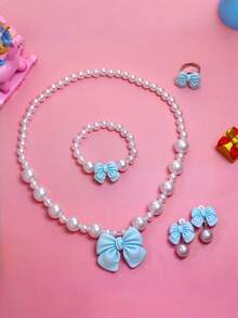 5pcs/Set Girls' Cute Bowknot & Faux Pearl Jewelry Set, Including Necklace, Bracelet, Earrings And Ring, Elegant Princess Style Gift, Suitable For Daily Wear, Birthday, Holiday, Back To School