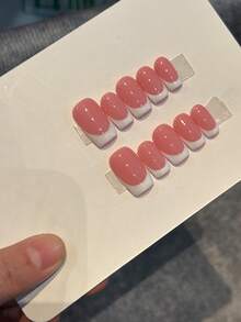 10片手工可重复使用全覆盖美甲贴纸 - 方形短款至中款法式尖头粉白亮面按压式美甲贴片，适合女性，通勤和休闲场合佩戴，简约优雅设计，美甲贴纸，专业美甲，高品质贴纸。可爱经典的法式美甲，适合女性和女孩日常及派对佩戴。全覆盖假指甲，附赠美甲工具套装，是送给女性和女孩的绝佳礼物。手工按压式美甲贴片 - 彩色 - 查看 3