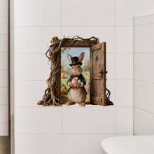 1pc Rabbit Holding Colorful Eggs Doorframe/Wall Sticker, DIY Removable PVC Self-Adhesive Decal, Suitable For Spring Easter Bedroom, Living Room, Balcony And Shop Window Decoration - Multicolor - View 4